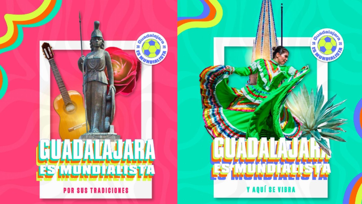 Collage de promoción turística: izquierda, la estatua de La Minerva con una guitarra. Derecha, una bailarina de Jalisco con el agave, bajo el lema 