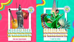 Collage de promoción turística: izquierda, la estatua de La Minerva con una guitarra. Derecha, una bailarina de Jalisco con el agave, bajo el lema 