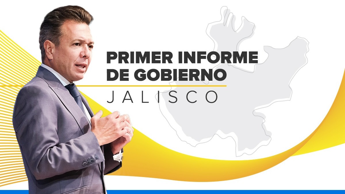 Gobernador Pablo Lemus de perfil vistiendo un traje gris sobre un fondo blanco con la silueta del estado de Jalisco