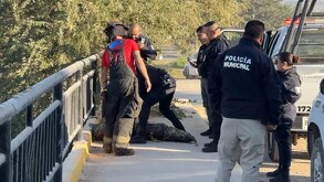 Patrulla y elementos de la Policía Municipal y Protección Civil de Tlaquepaque junto a un barandal de protección en el canal y el adorno de Halloween embolsado