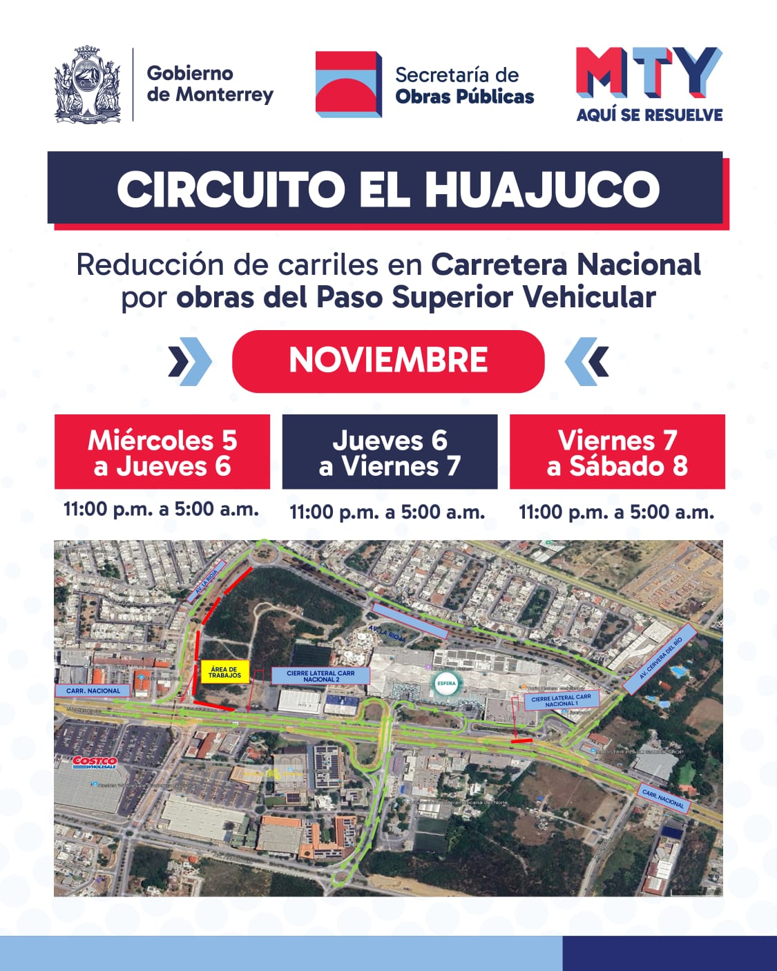 Comunicado de Gobierno de Monterrey sobre cierres viales en Carretera Nacional.