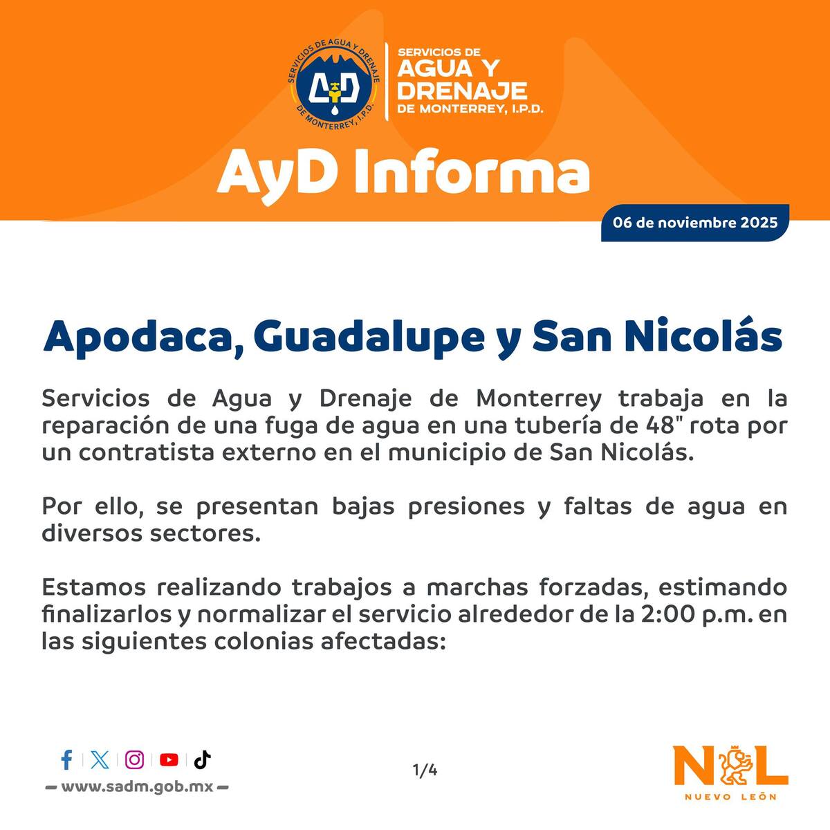 Comunicado de Agua y Drenaje de Monterrey sobre cortes del servicio