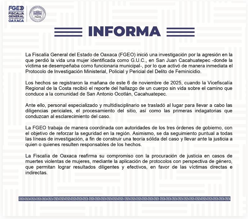 Comunicado de la Fiscalía de Oaxaca explicando una investigación por el feminicidio de la regidora Guadalupe Urban.