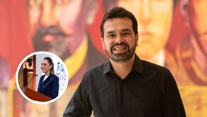 El político Jorge Álvarez Máynez sonríe. Su imagen está superpuesta sobre un mural. En un círculo insertado se ve a la política Claudia Sheinbaum