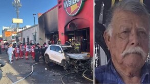 Camioneta blanca incendiada afuera de un establecimiento Waldo's