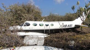 Una avioneta bimotor Cessna blanca con la matrícula XB-NSI parcialmente destruida y estrellada entre la densa maleza y arbustos, con un accidente