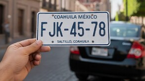Unas placas con las letras FJK-45-78 y detrás se ve un automóvil en la ciudad de Saltillo, ya que al fondo se ve la Catedral.