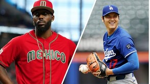 Collage de béisbol. Izquierda, un jugador afroamericano en uniforme rojo de 