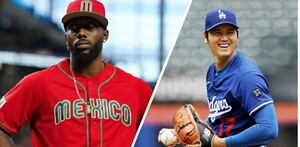 Collage de béisbol. Izquierda, un jugador afroamericano en uniforme rojo de 