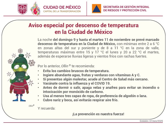 Comunicado de Protección Civil por descenso de temperaturas en CdMx