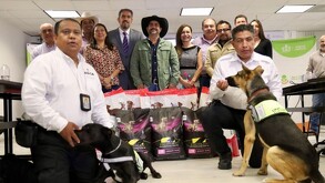 Dos agentes de seguridad con perros de detección se agachan frente a bolsas de alimento para mascotas. Detrás de ellos, un grupo de funcionarios y ciudadanos so