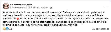 Publicación de Facebook en que una madre despide a su hijo muerto en Puebla.