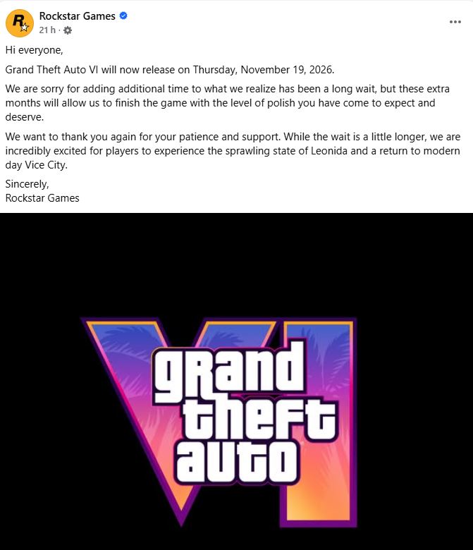 Rockstar Games anuncia un retraso más para GTA 6, el videojuego más esperado de la década.
