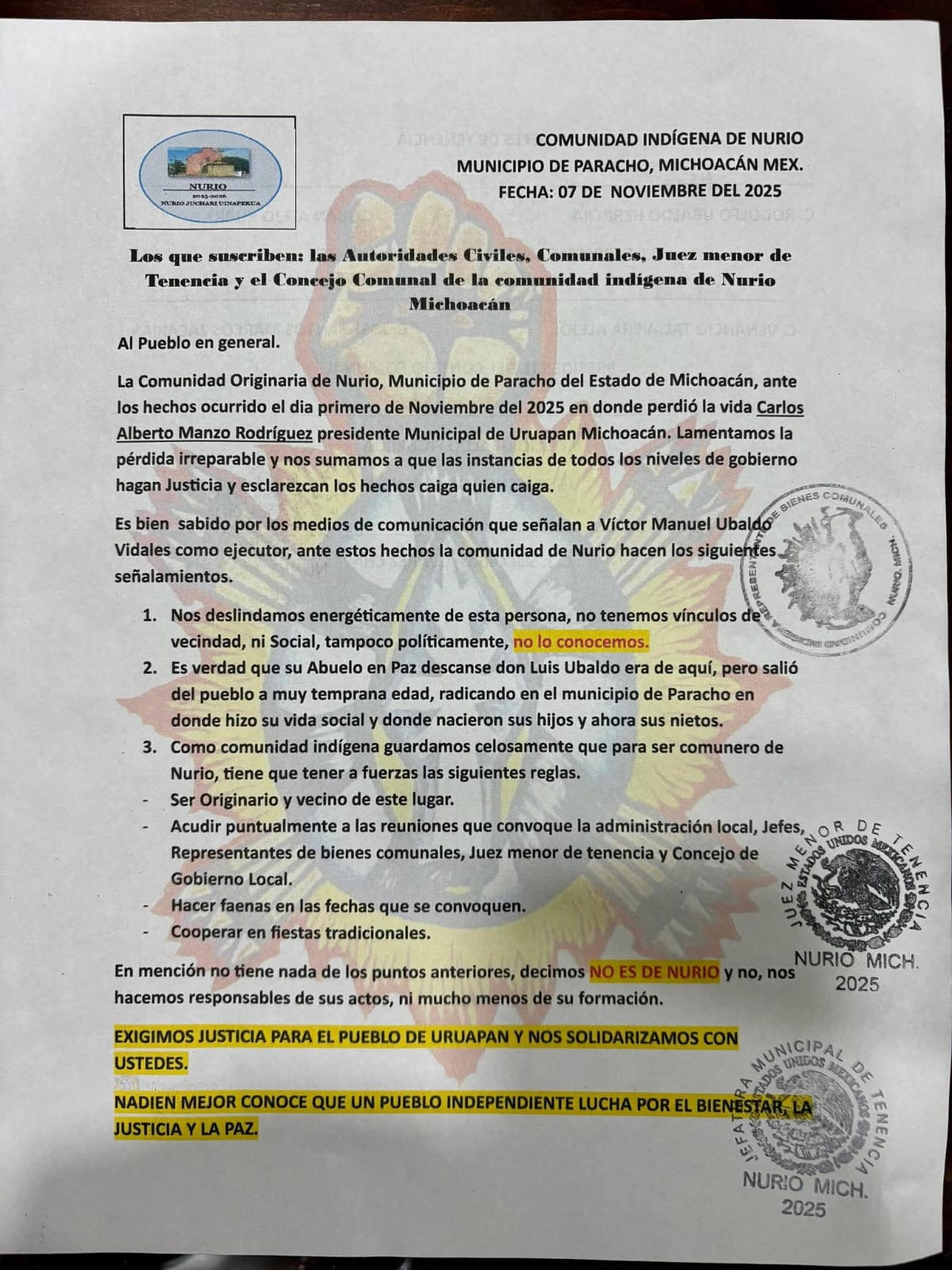 Comunicado de la comunidad indígena de Nurio