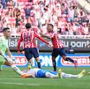 Jugadores de Chivas festejando un gol de la 'Hormiga' González, con los jugadores de Rayados tendido en el piso.