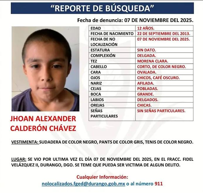 El menor aparece con sudadera negra, pants gris y tenis negros cuando desapareció
