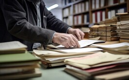 Hombre con saco colocando documentos, papeles y carpetas sobre una mesa y un librero detrás