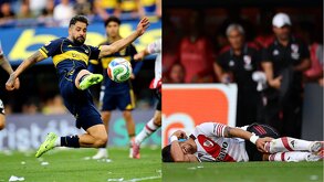 Milton Giménez rematando un balón en el Superclásico Boca vs River y Maxi Meza lesionado en el césped de la 'Bombonera'.