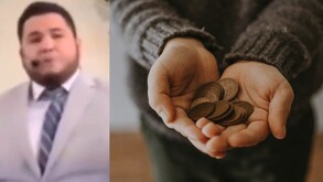 Pastor y manos sosteniendo monedas.