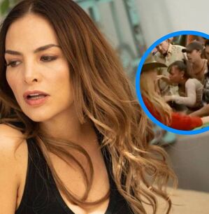 Fabiola Campomanes posando de perfil para una foto, mientras aparece otra imagen la que está siendo auxiliada por sus compañeros en La Granja VIP.