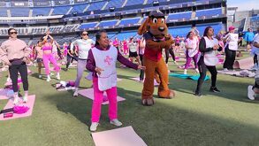 Mujeres realizando ejercicios junto al Perro Sultán en el Estadio de los Sultanes de Monterrey.