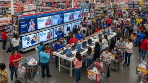 Gente comprando algunos electrodomésticos y también hay otras personas viendo unas lap tops que se venden con descuentos en una tienda departamental.