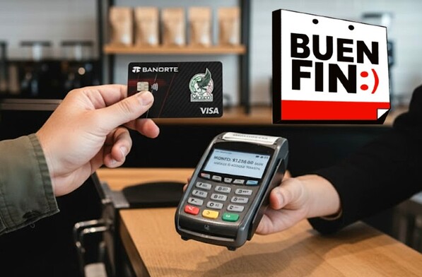 Persona haciendo una compra con una tarjeta Banorte en una terminal bancaria con una cafetería de fondo