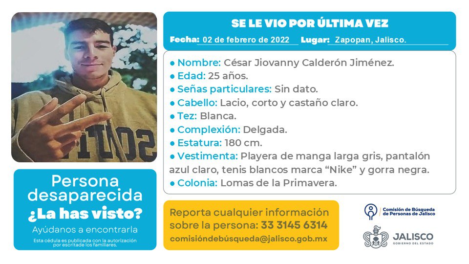 Ficha de búsqueda con la foto de César Jiovanny Calderón Jiménez viendo de frente y vistiendo una sudadera café