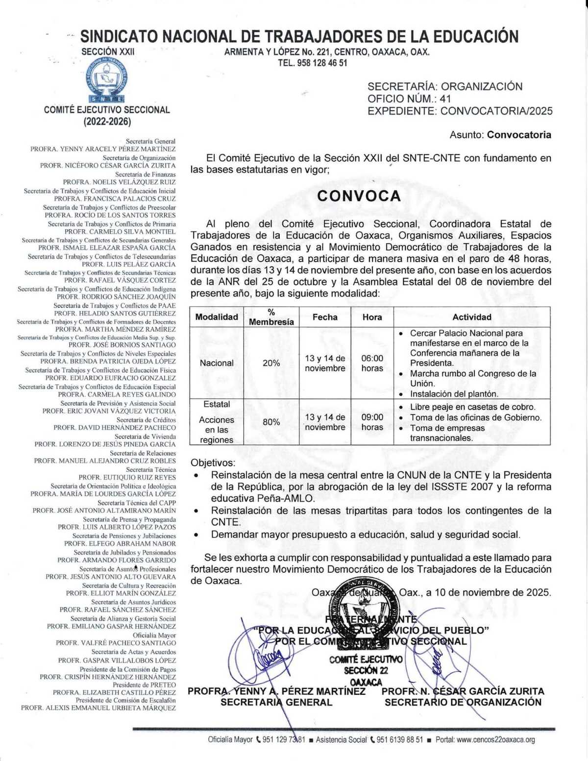 Maestros de la CNTE anuncia paro nacional de 48 horas para el 13 y 14 de noviembre del 2025.