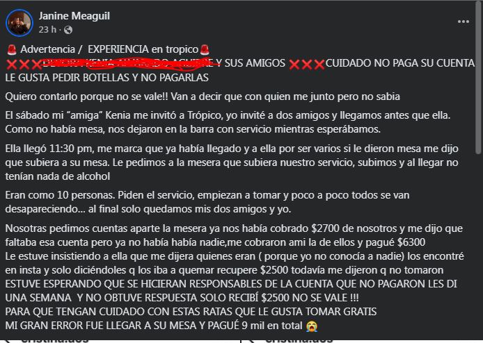 Publicación de la joven que terminó endeudada en el antro de Torreón