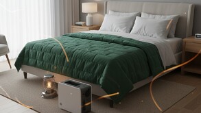 Hay una cama blanca con sábana verde y una ventana grande, una lámpara, un cuadro y un aparato en el piso.