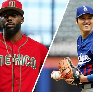 Collage de béisbol. Izquierda, un jugador afroamericano en uniforme rojo de 