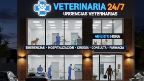 Imagen de la fachada de una clínica veterinaria moderna, abierta 24 horas, con luz de noche. Muestra servicios de emergencia y personal médico dentro de las ins