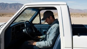Un hombre con chachucha se encuentra dentro de una camioenta con la puerta abierta y tiene la cabeza agachada.