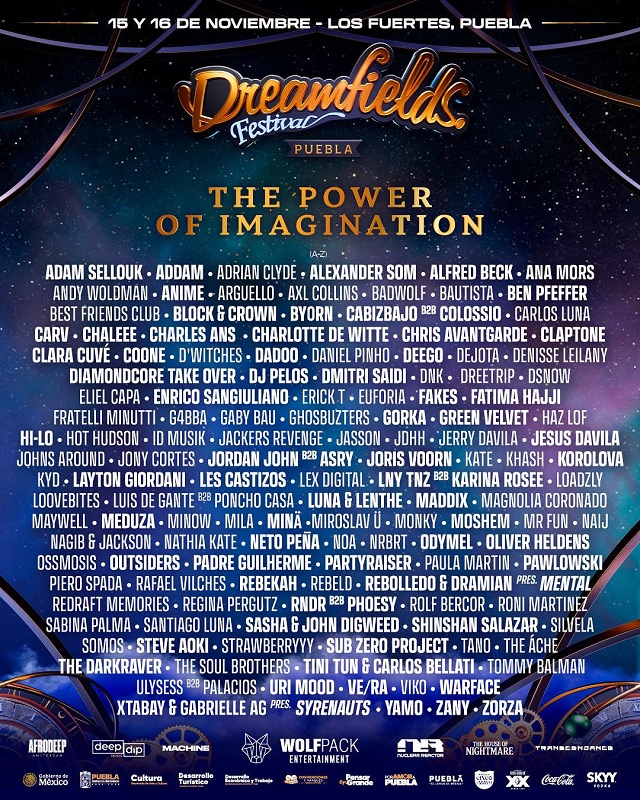 Cartelera de artistas presentes en un festival de música electrónica.