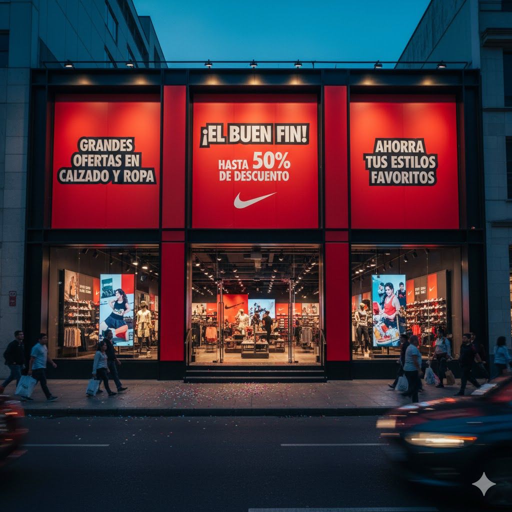 La imagen generada por la inteligencia artificial de Google muestra a una tienda oficial de Nike promocionando sus descuentos por el Buen Fin 2025.