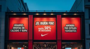 La imagen generada por la inteligencia artificial de Google muestra a una tienda oficial de Nike promocionando sus descuentos por el Buen Fin 2025.
