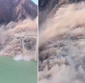 Conjunto de imagenes en las que se muestar el momento exacto en el que se derrumba un puente al suroeste de China.