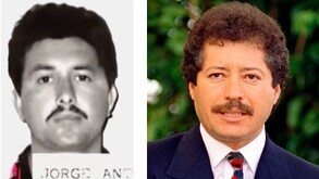 Hombre con bigote y camisa blanca y hombre con cabello negro y rizado