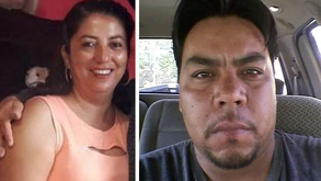 De lado derecho está un hombre con semablante serio y playera gris, de lado izquiero está una mujer con vestido color salmón sonriendo