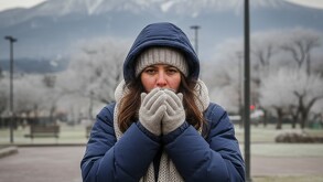 Mujer muy abrigada por el frío.