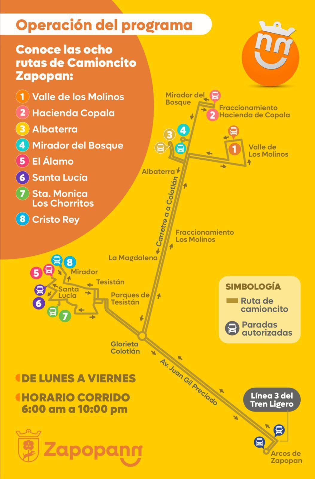 Flyer oficial con la información sobre rutas, trayectos y horarios de Mi Camioncito en Zapopan