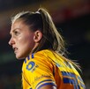 Jugadora de Tigres Femenil durante el partido entre las Amazonas y Juárez en Cuartos de Final del Apertura 2025.