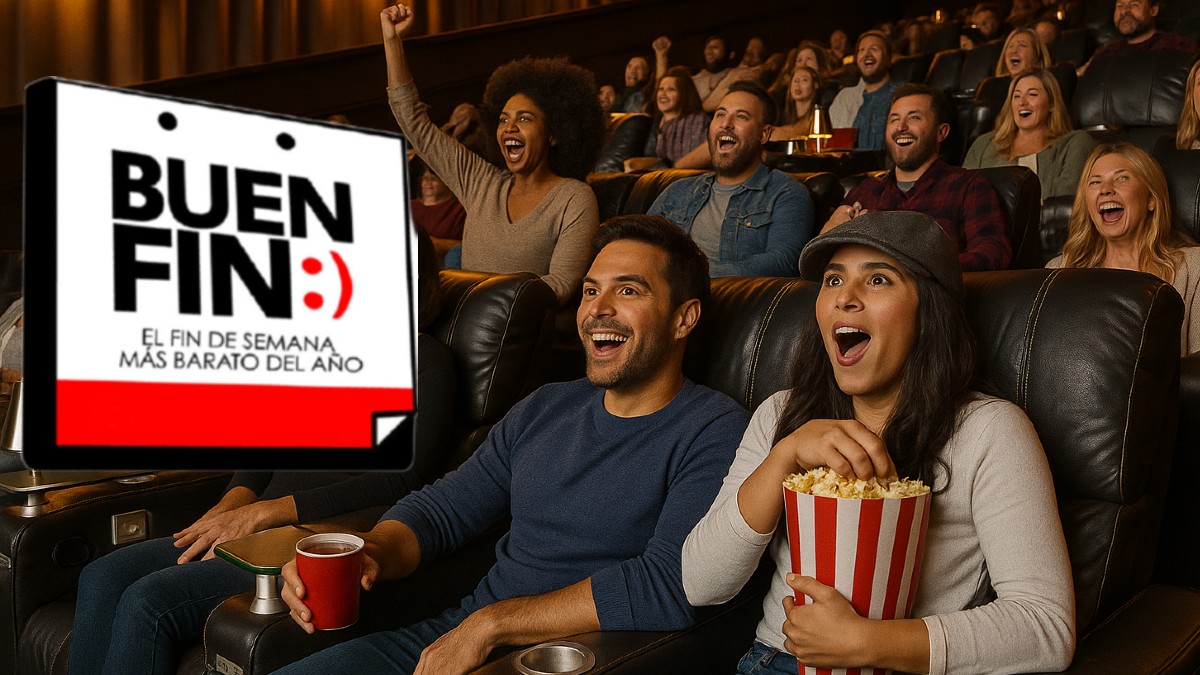 Foto genérica de personas en una sala de cine comiendo palomitas y el logo de Buen Fin 2025.