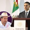 Omar García Harfuch en conferencia de prensa del Gabinete de Seguridad en CdMx. Bandera de México detrás