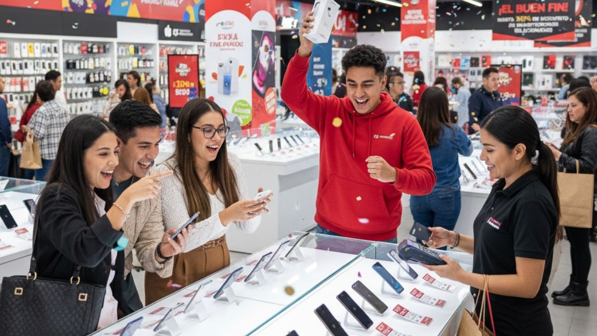 Imagen generada con IA de Gemini en donde hay personas comprando celulares con grandes descuentos.