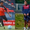 Diego Aguilar de Tepatitlán haciendo un tiro en el entrenamiento y Juan Carrera del Atlante en el inicio de la práctica táctica.