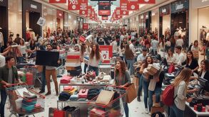 Gente generada con IA realizando compras compulsivas por descuentos en el Buen Fin 2025.