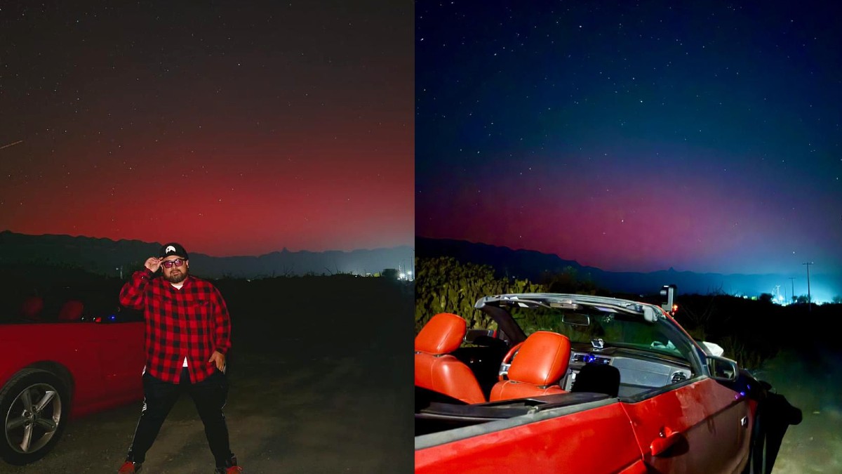 Regios tomándose fotos con auroras boreales en García.