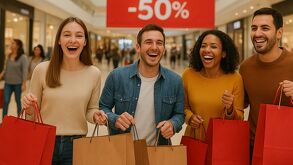 Personas con bolsas disfrutando de compras en un supermercado, foto con IA.